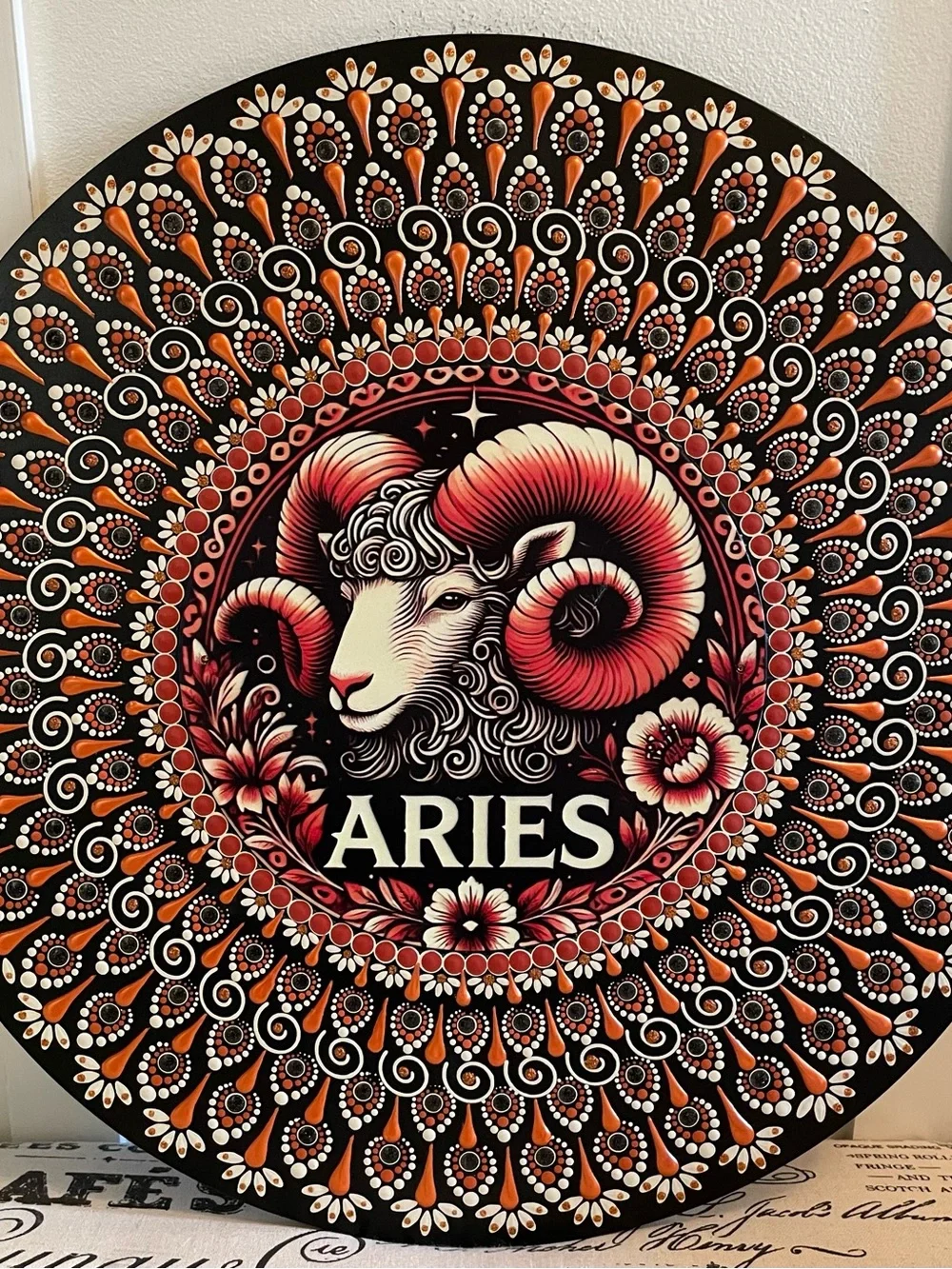 Hand painted Aries Wall Art — Black, Orange & Cream Ram on 16 inch wood round